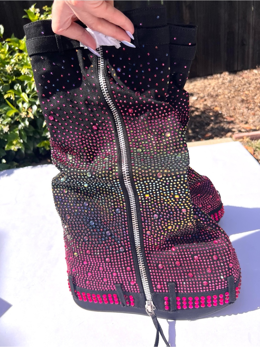 Rainbow Rave Boots Black Denim w/ Zipper. 5” Platform Wedge Ombre Rhinestones - Picture 10 of 17